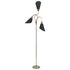 Midcentury Triple Gooseneck Brass & Black Fabric Floor Lamp, Germany, 1950s