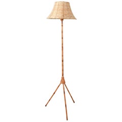 bamboo tripod Midcentury Tripod Bamboo and Wicker Floor Lamp, 1960s