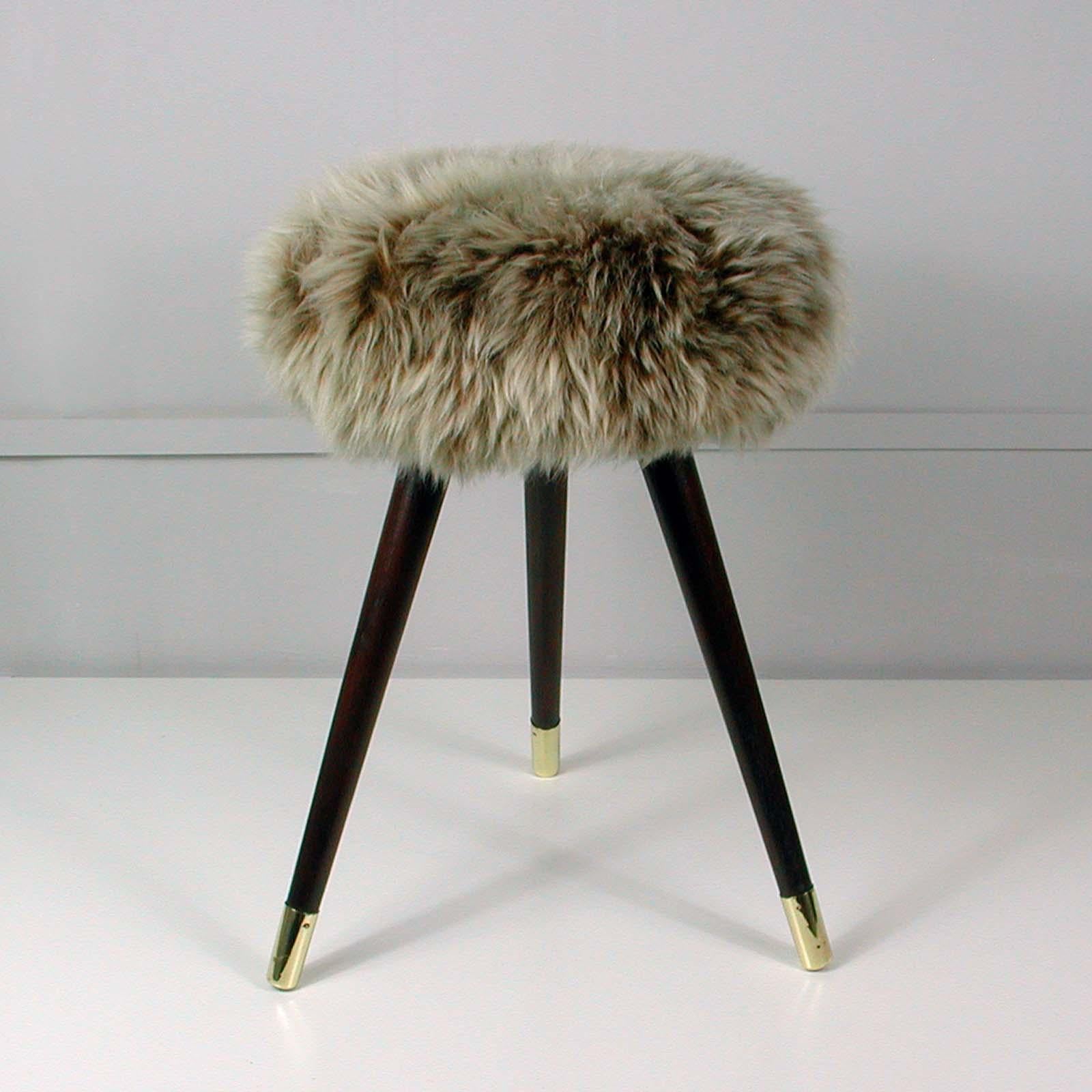 Midcentury Tripod Real Iceland Sheep Lamb Upholstered Stool, 1950s 5