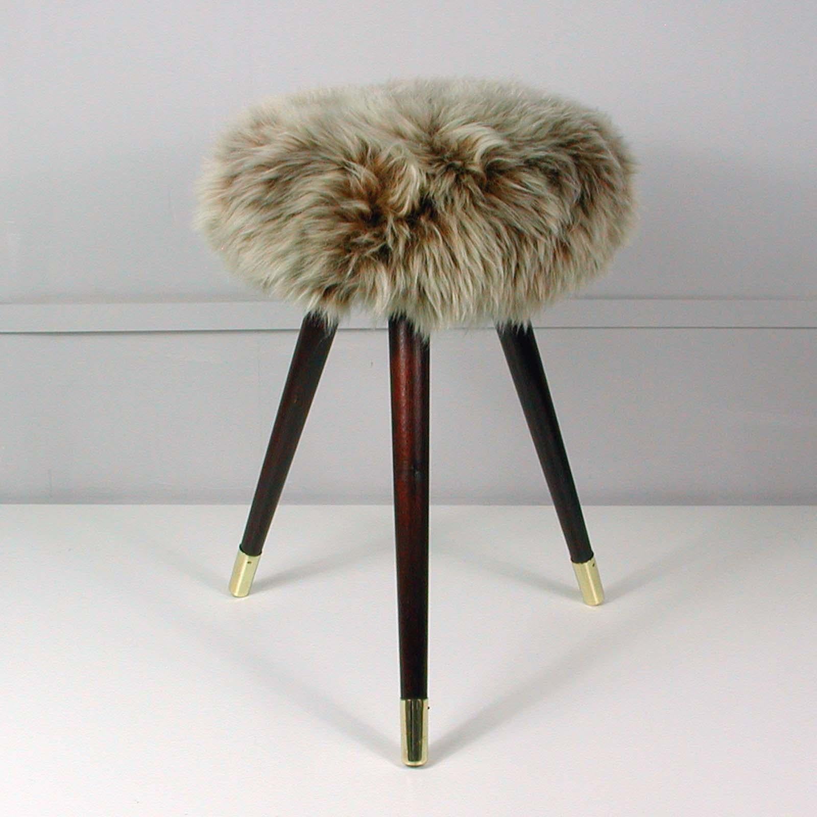 Mid-Century Modern Midcentury Tripod Real Iceland Sheep Lamb Upholstered Stool, 1950s