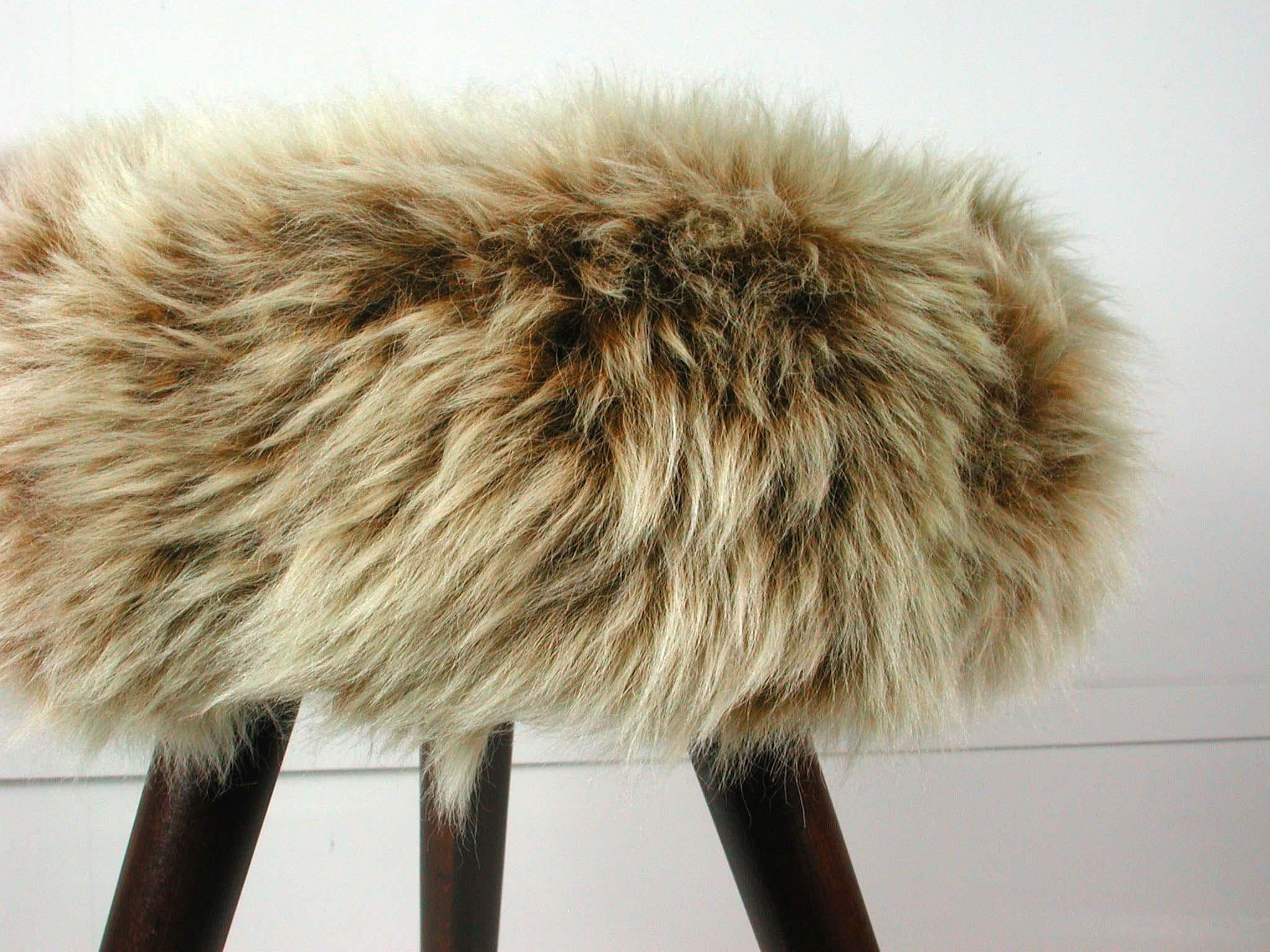 Fur Midcentury Tripod Real Iceland Sheep Lamb Upholstered Stool, 1950s