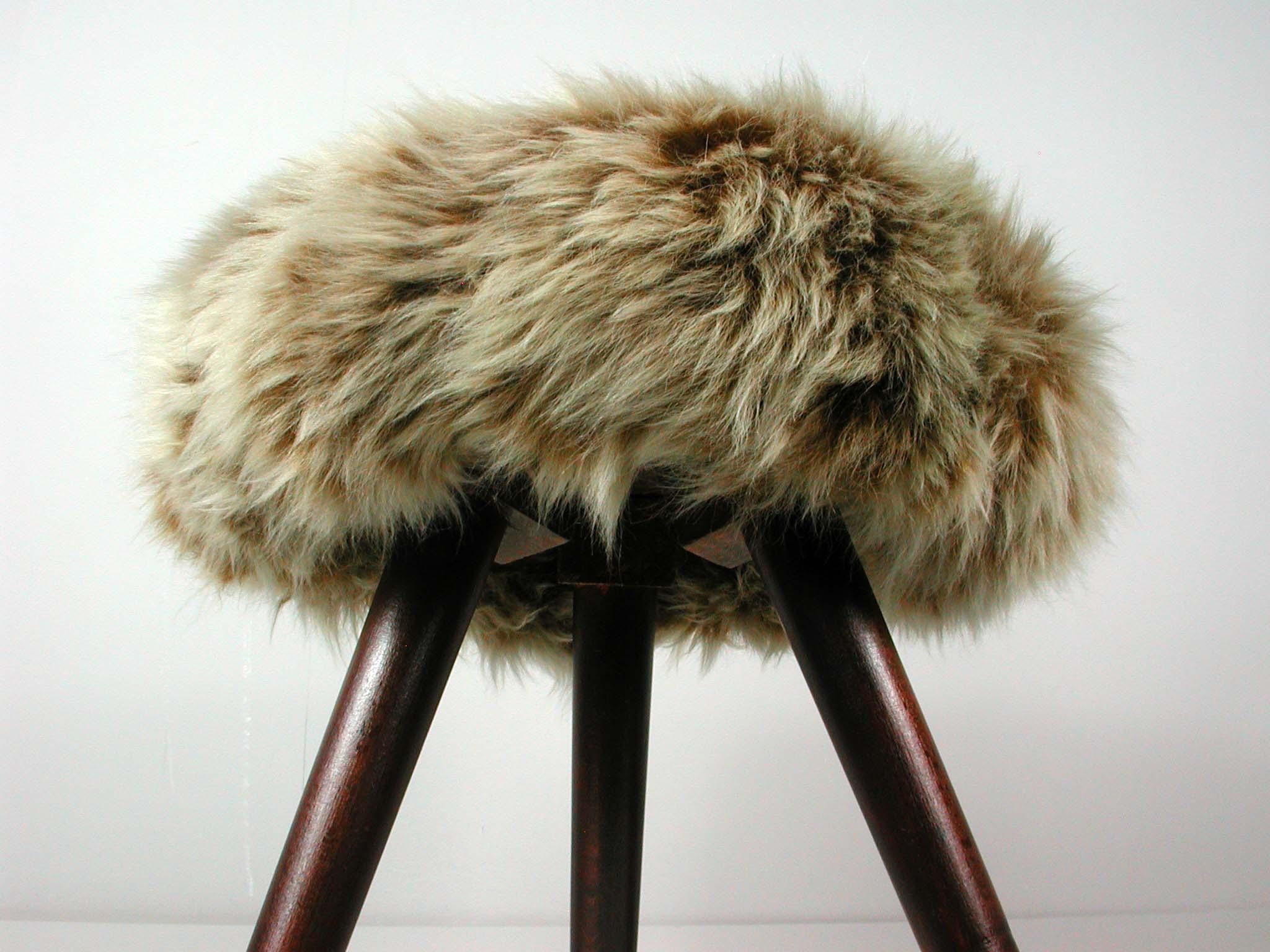 Midcentury Tripod Real Iceland Sheep Lamb Upholstered Stool, 1950s 1