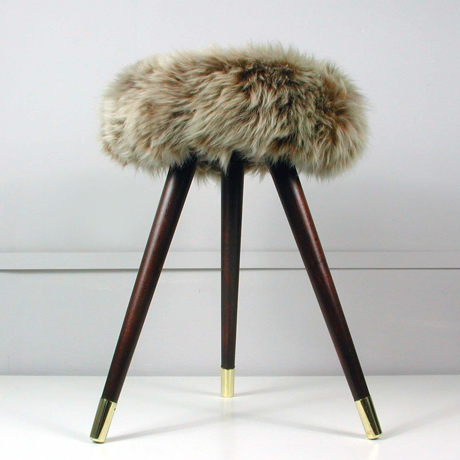 Midcentury Tripod Real Iceland Sheep Lamb Upholstered Stool, 1950s 2