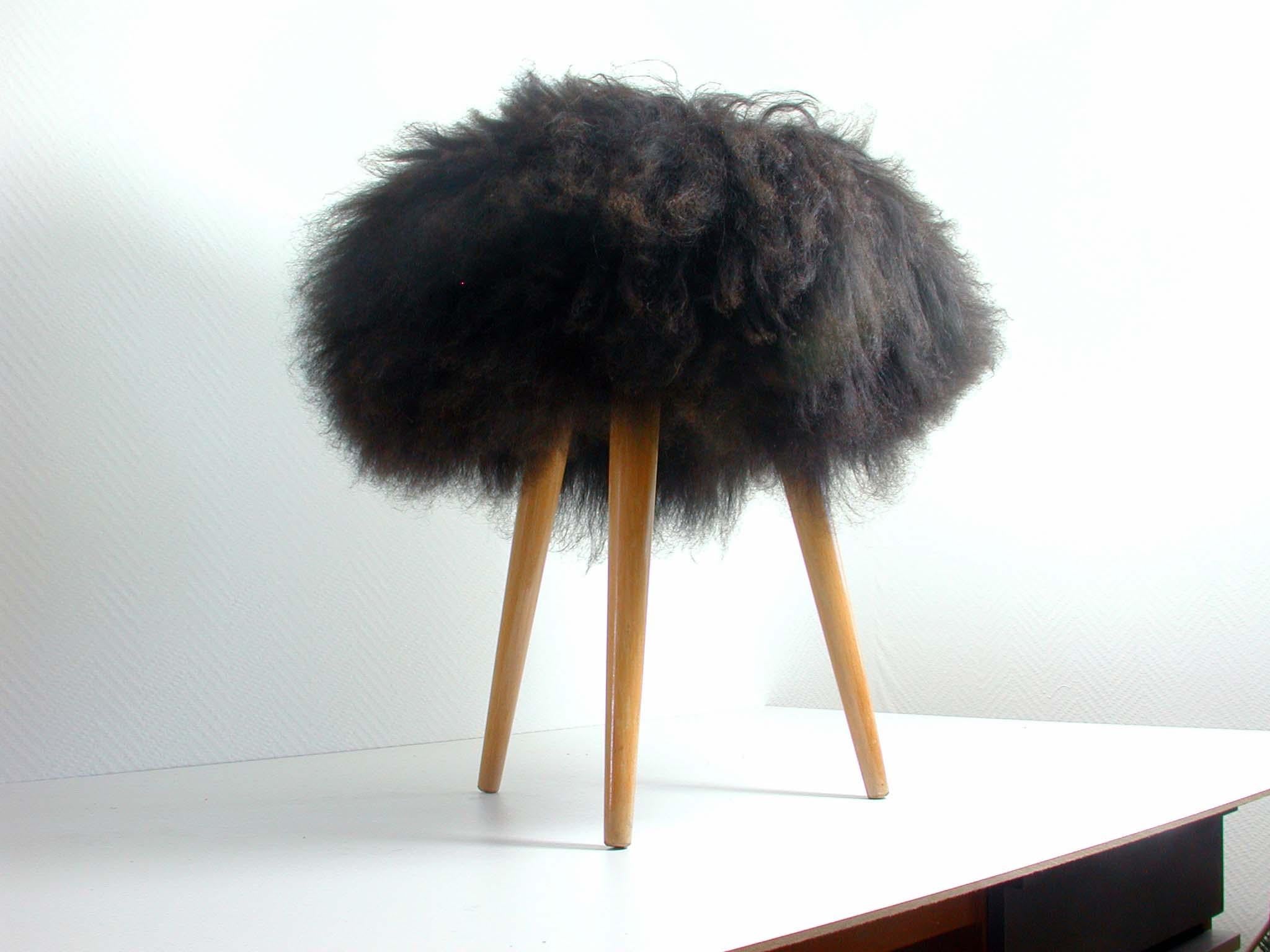 Mid-Century Modern Midcentury Tripod Real Iceland Sheep Lamb Upholstered Stool Chair, 1950s