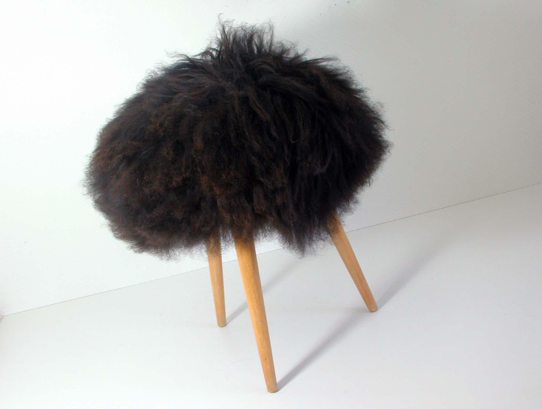 German Midcentury Tripod Real Iceland Sheep Lamb Upholstered Stool Chair, 1950s