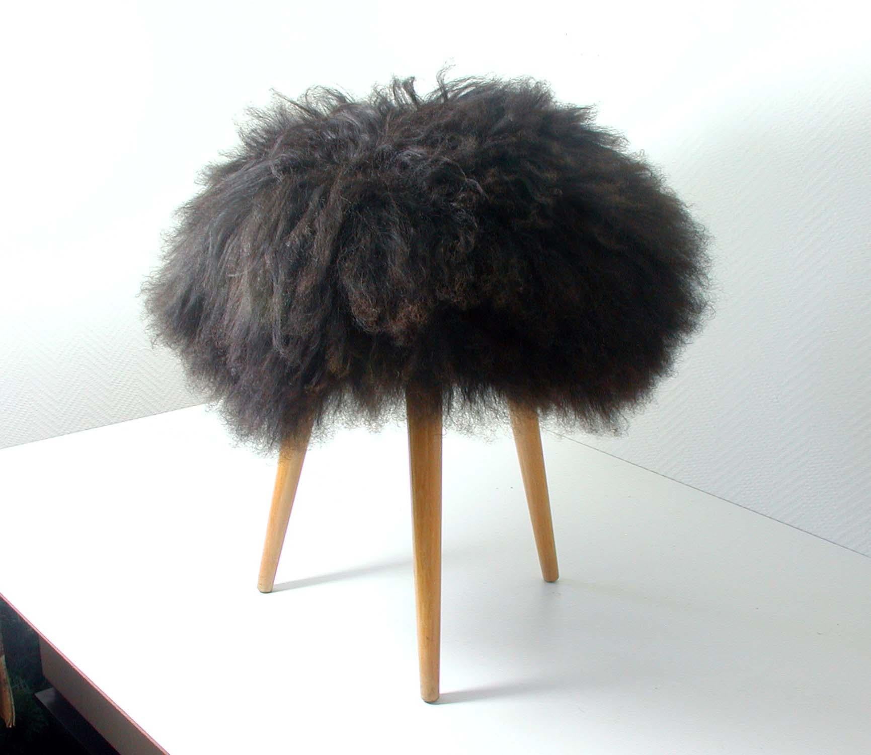 Mid-20th Century Midcentury Tripod Real Iceland Sheep Lamb Upholstered Stool Chair, 1950s