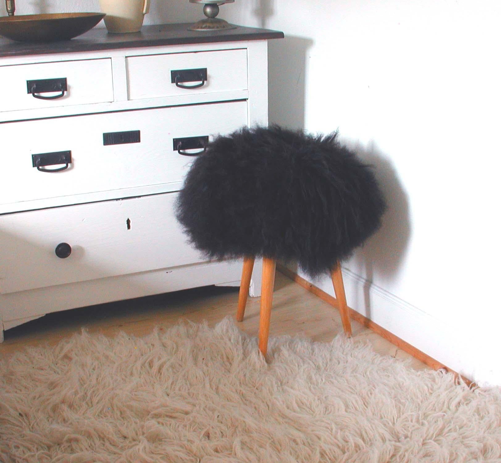 Fur Midcentury Tripod Real Iceland Sheep Lamb Upholstered Stool Chair, 1950s
