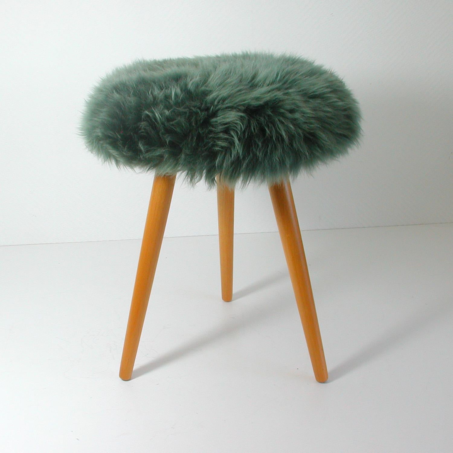 German Midcentury Tripod Real Iceland Sheep Lamb Upholstered Tripod Stool Chair, 1950s