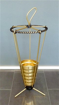 Midcentury Tripod Sputnik Umbrella Stand with Handle Golden Black Plastic, Italy