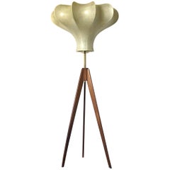 Midcentury Tripod Teak and Cocoon Floor Lamp in the Manner of Castiglioni, 1960s