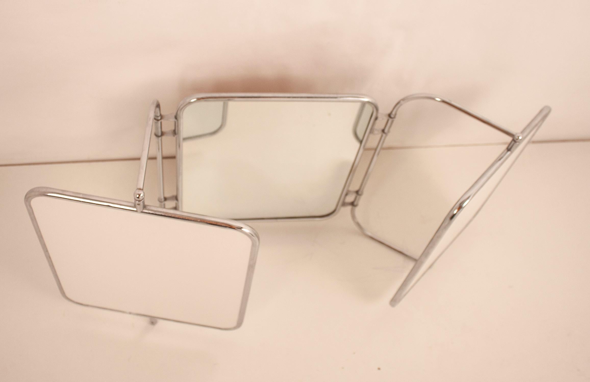 Midcentury Triptych Wall Mirror, White Bakelite and Chrome, Spain, 1940s 4