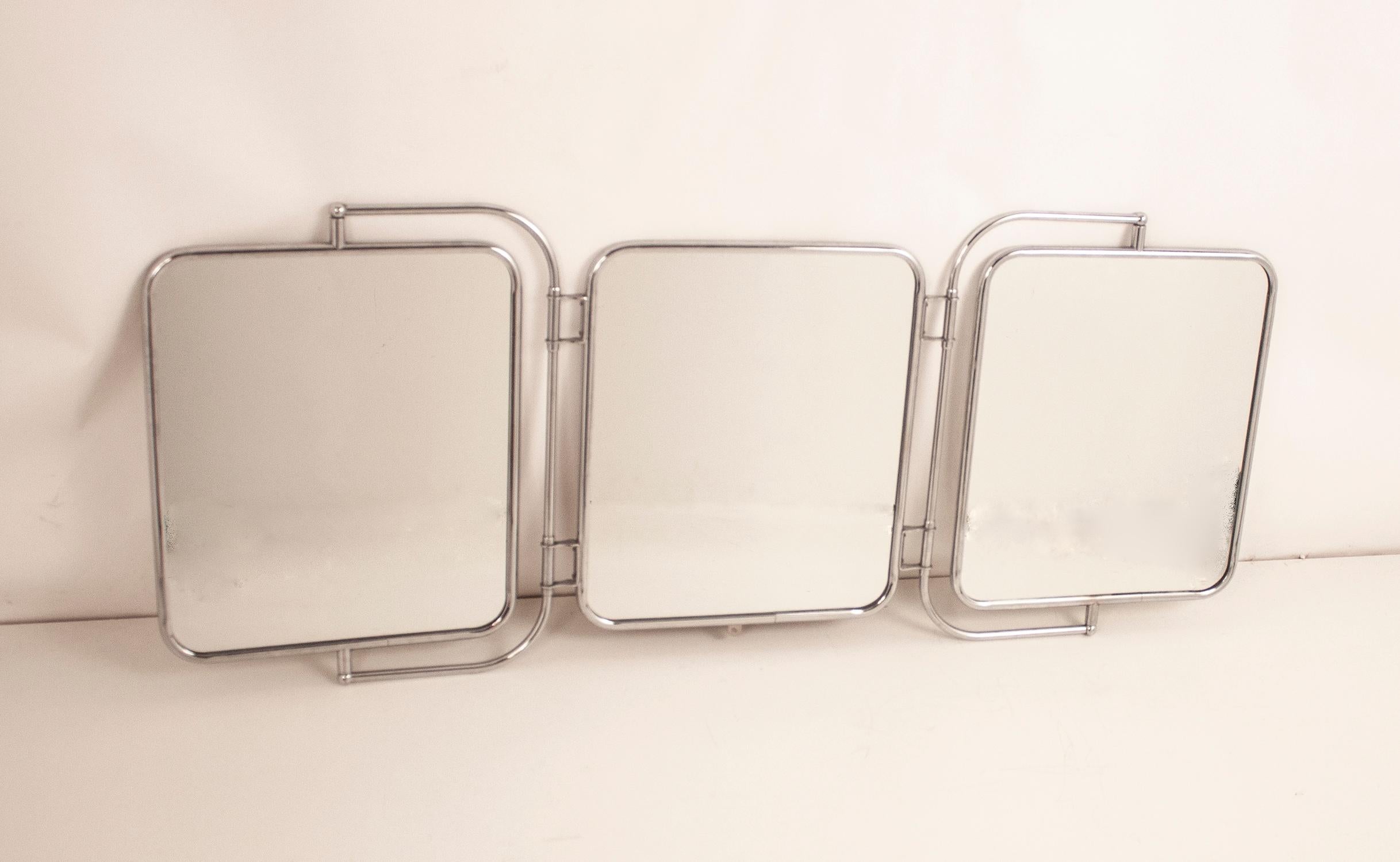 Midcentury Triptych Wall Mirror, White Bakelite and Chrome, Spain, 1940s 5