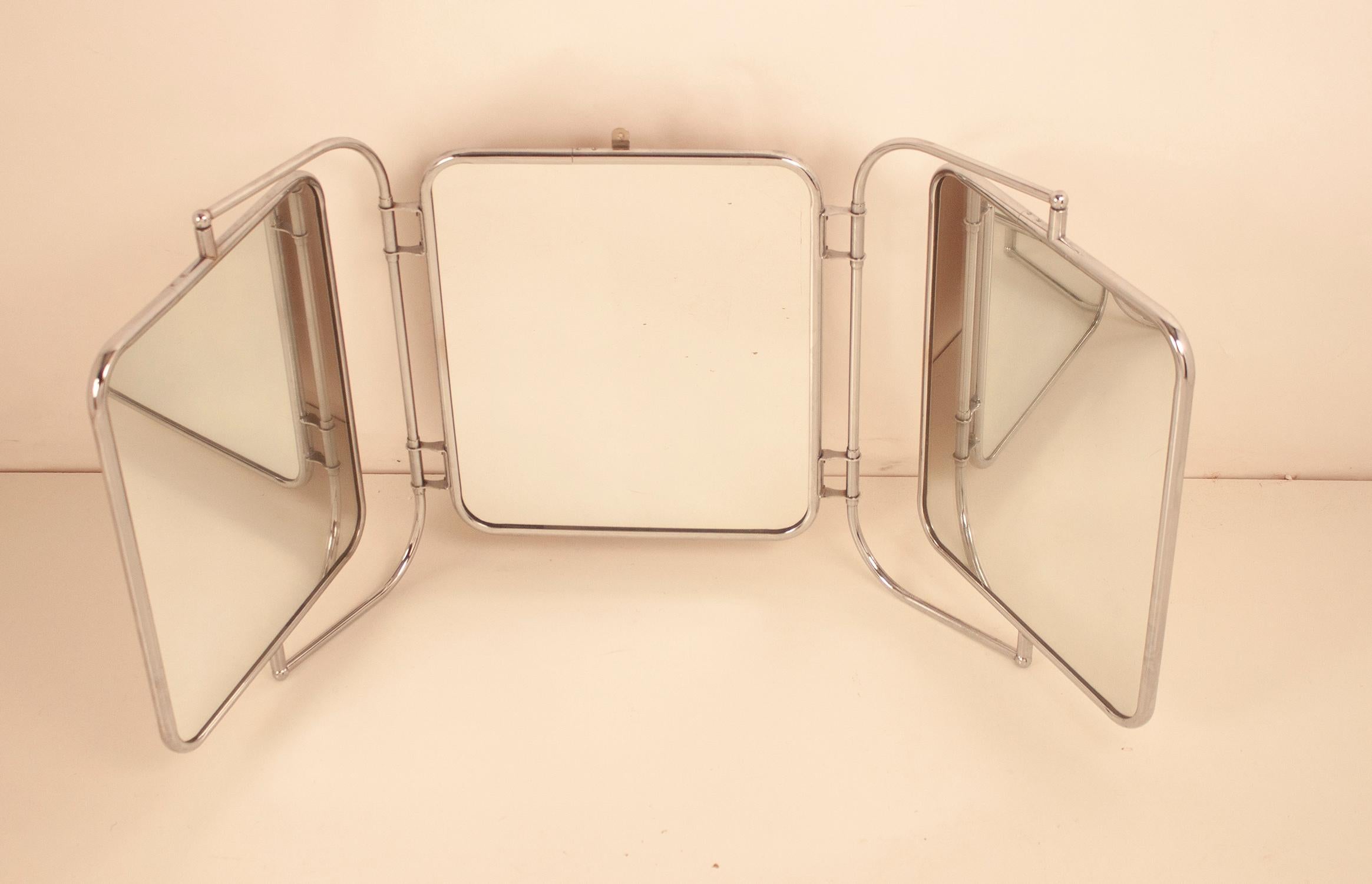 Midcentury Triptych Wall Mirror, White Bakelite and Chrome, Spain, 1940s 6