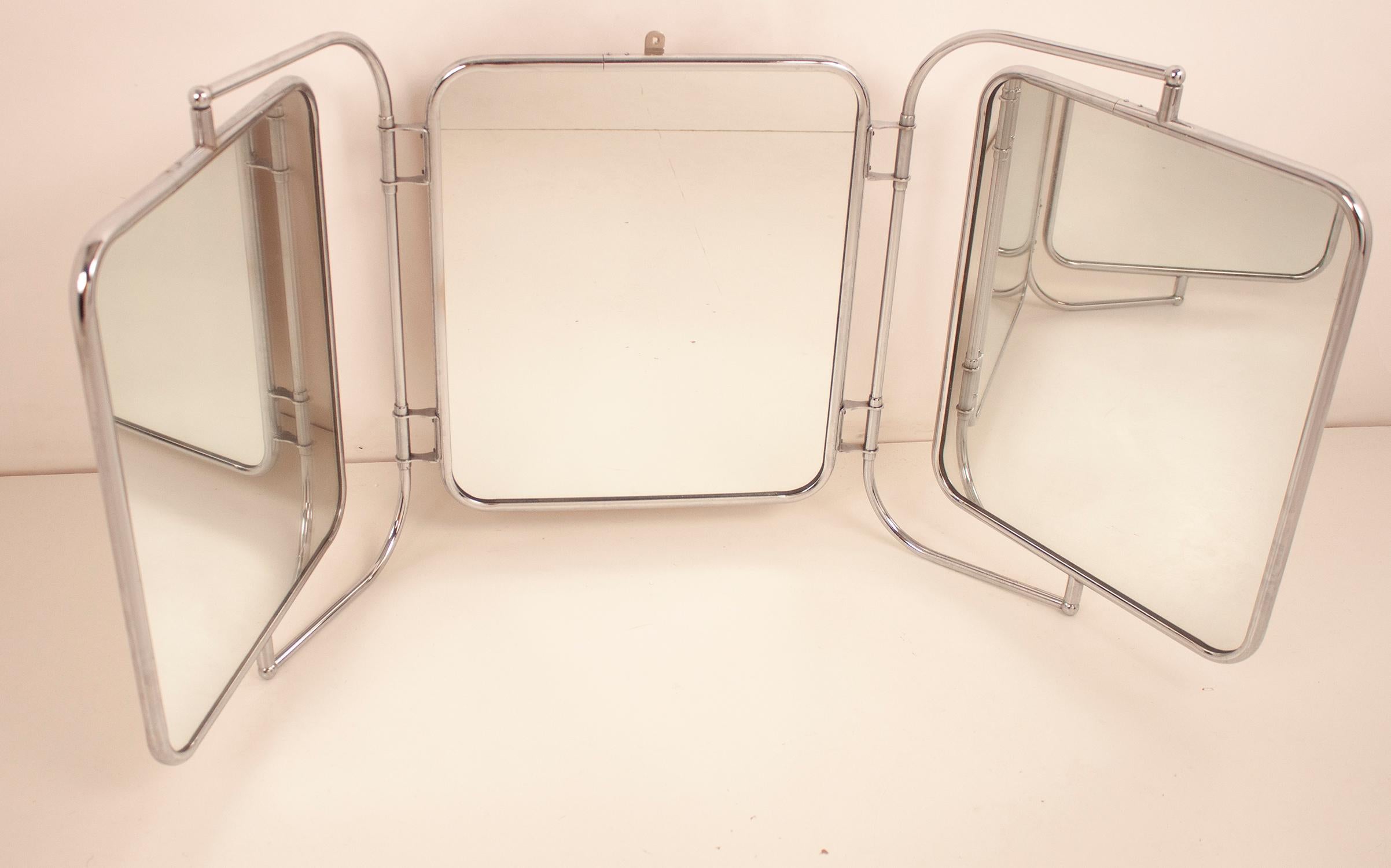 Midcentury Triptych Wall Mirror, White Bakelite and Chrome, Spain, 1940s 8