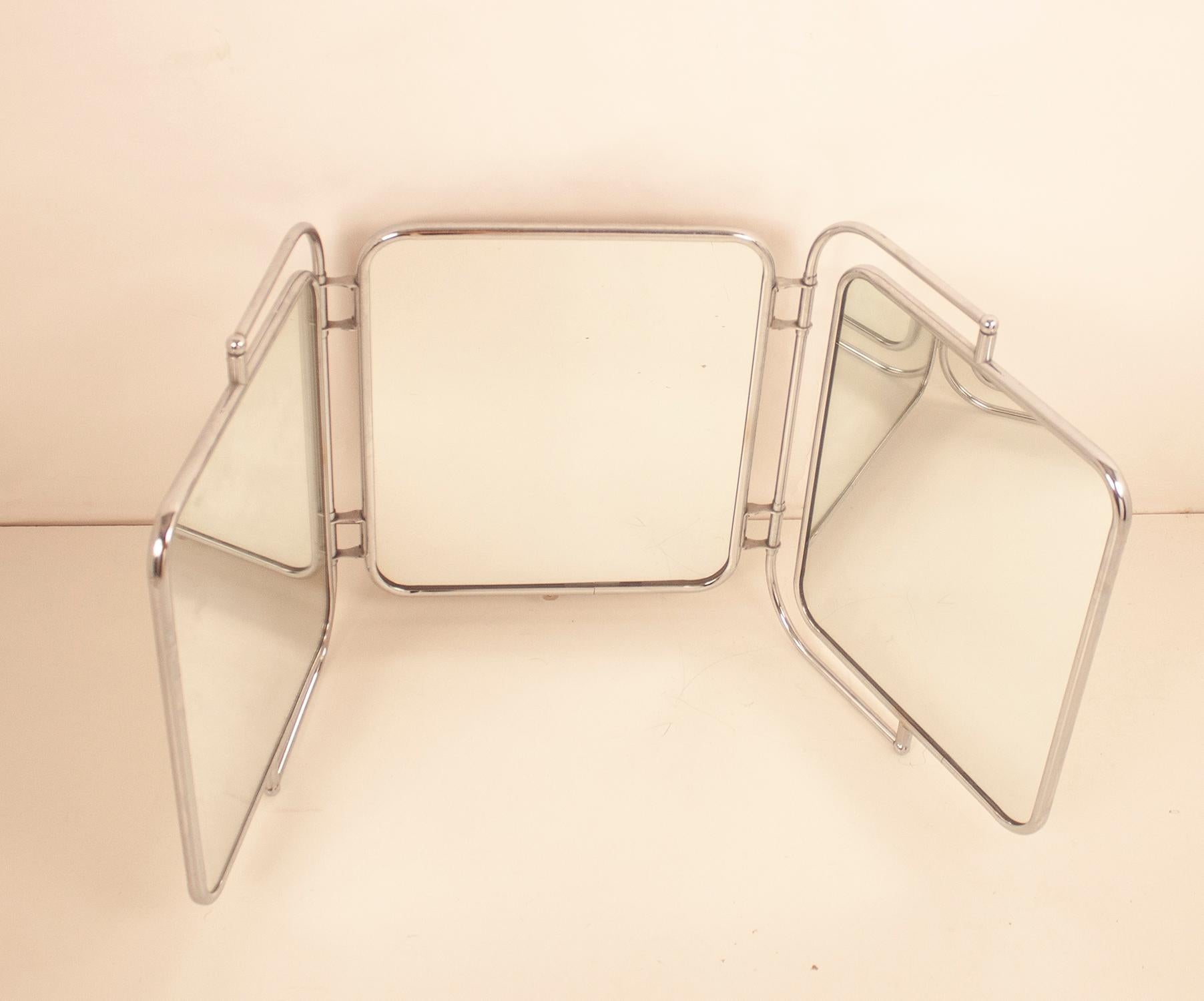 Spanish Midcentury Triptych Wall Mirror, White Bakelite and Chrome, Spain, 1940s