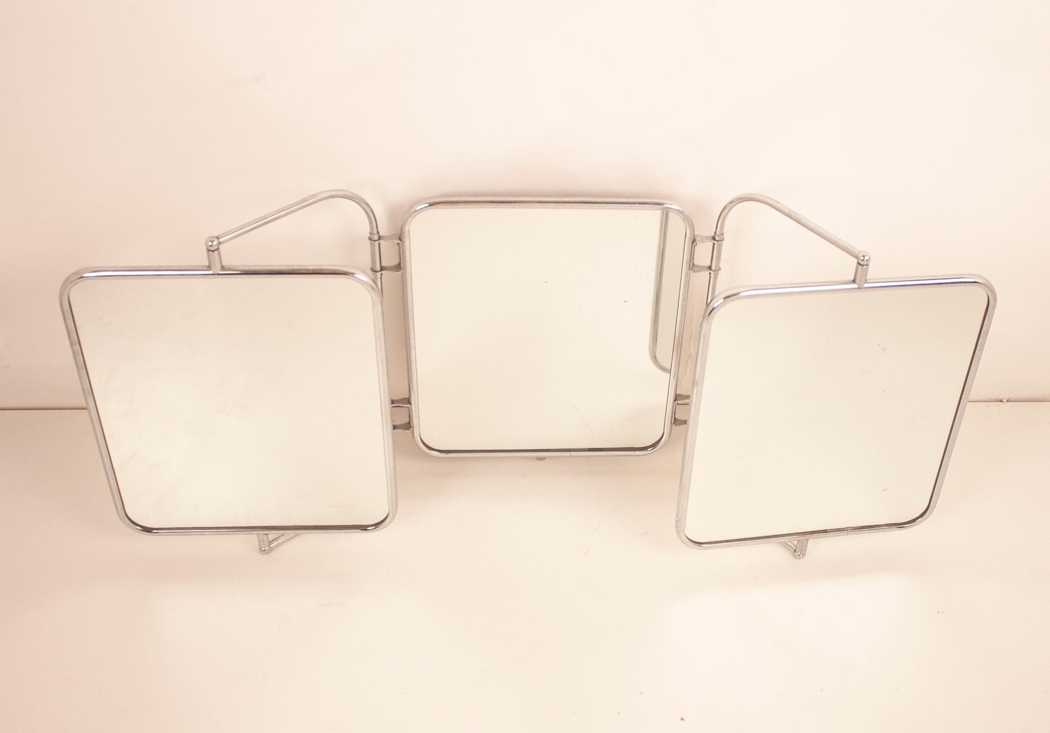 Midcentury Triptych Wall Mirror, White Bakelite and Chrome, Spain, 1940s 1