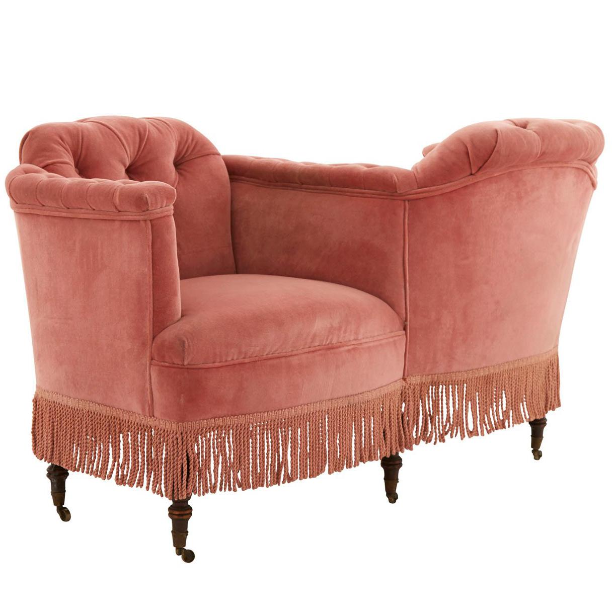 Midcentury Tufted Pink Velvet Tête-à-Tête Chair