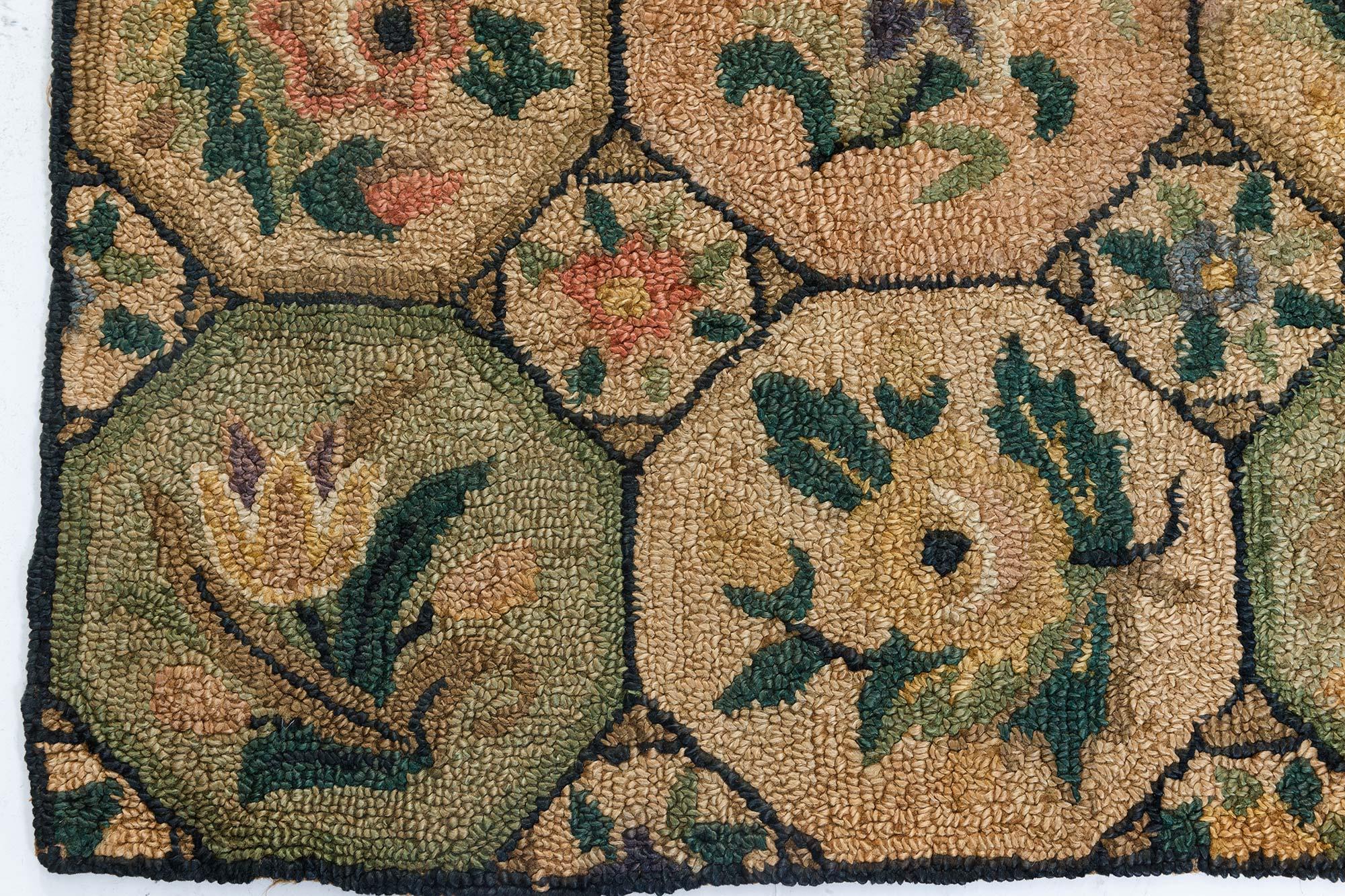 Hand-Knotted Midcentury Floral American Hooked Rug For Sale
