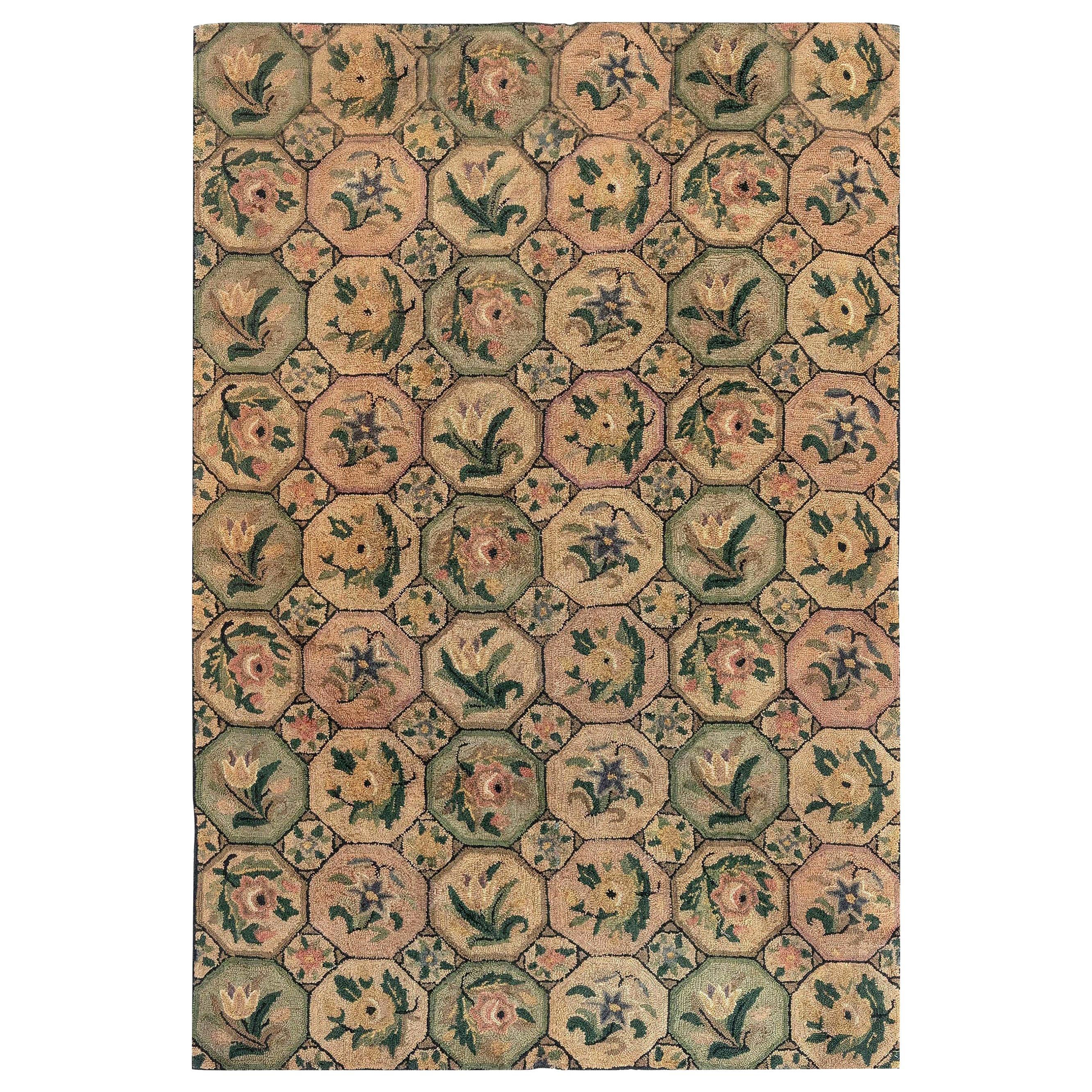 Midcentury Floral American Hooked Rug For Sale