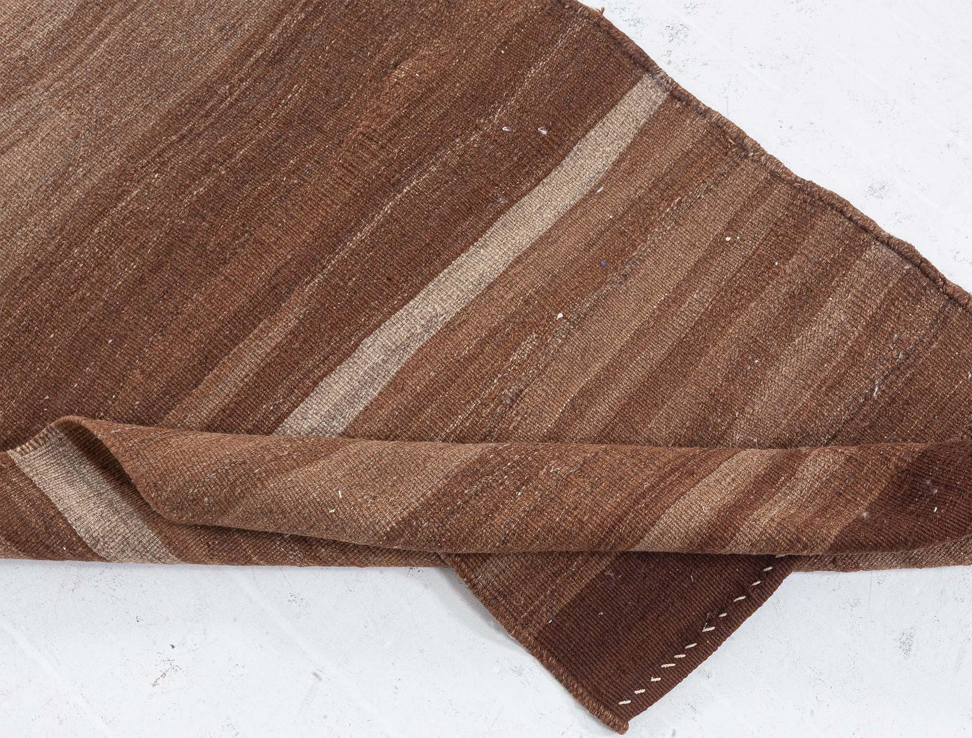 20th Century Midcentury Turkish Brown Flat-Woven Wool Runner For Sale