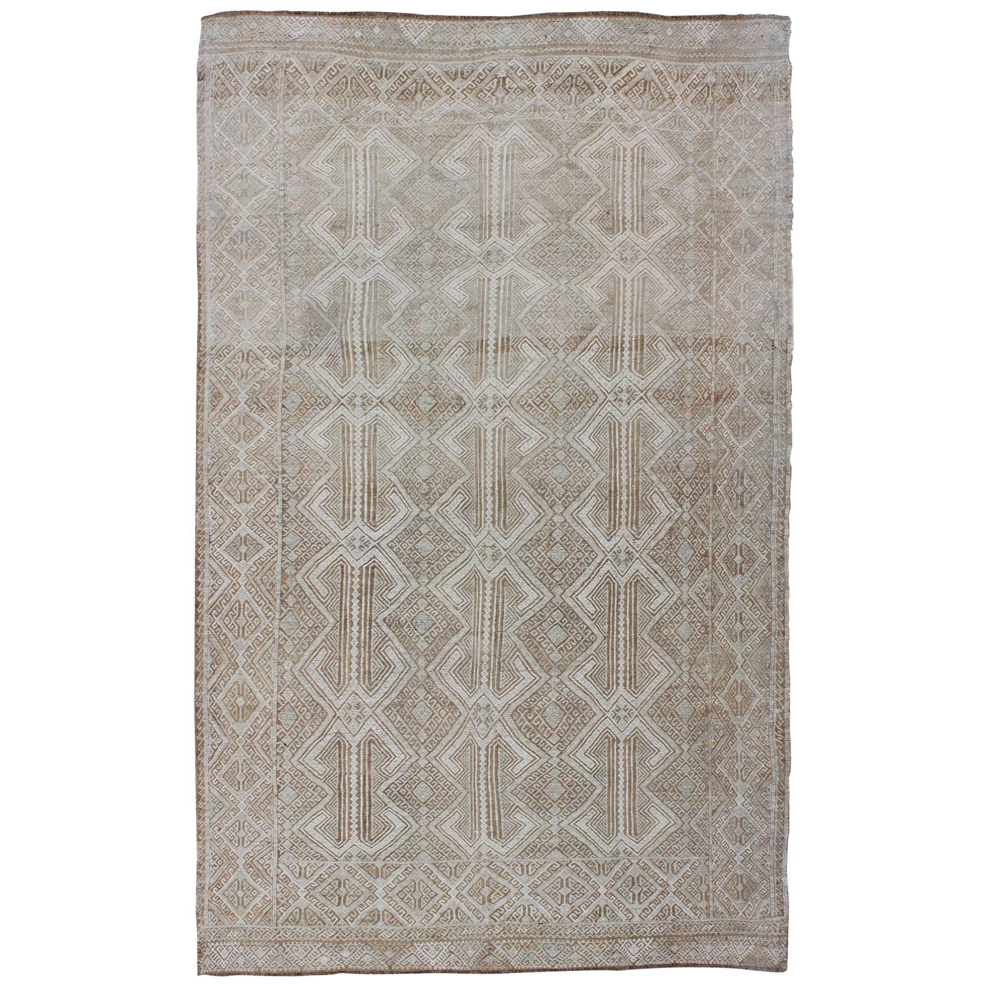 Midcentury Turkish Embroidered Flat Weave with All-Over Geometric Design  For Sale