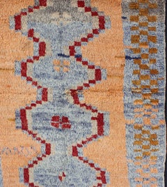 Midcentury Turkish Tulu Rug with Diamond Design in Peach, Red, and Powder Blue
