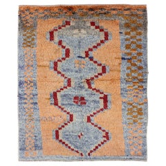 Midcentury Turkish Tulu Rug with Diamond Design in Peach, Red, and Powder Blue