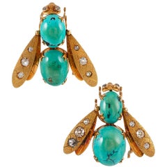 Midcentury Turquoise and Diamond Bee Brooches