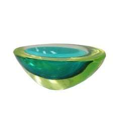 MidCentury Turquoise and yellow Sommerso Murano Glass Bowl by Flavio Poli 1950