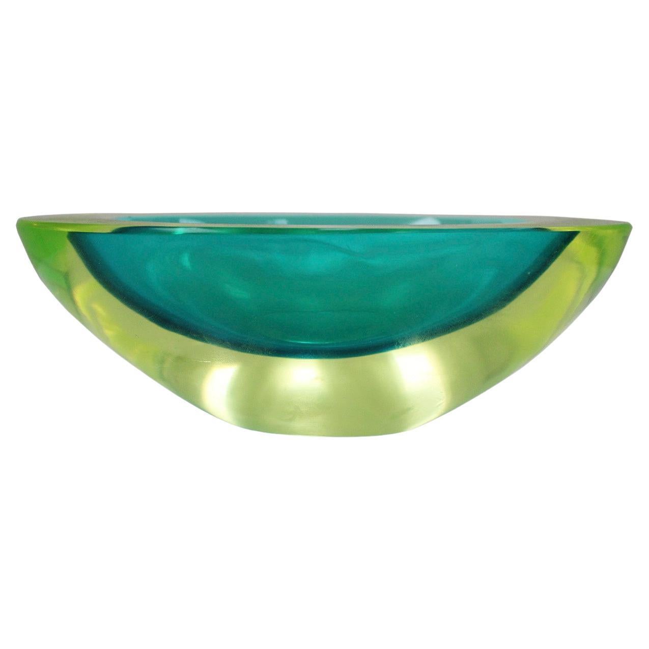 MidCentury Turquoise and yellow Sommerso Murano Glass Bowl by Flavio Poli 1950 For Sale