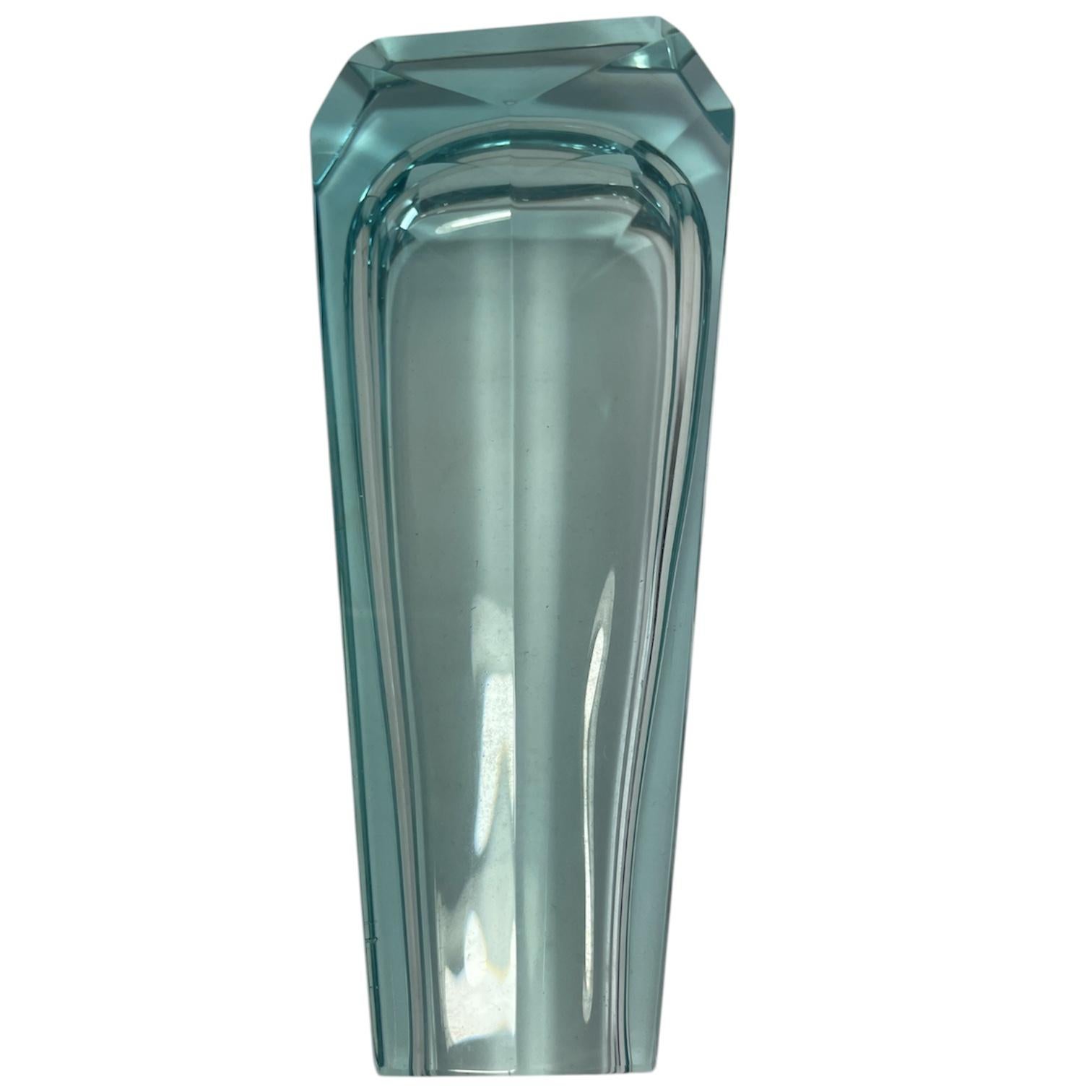 Metà XX secolo Midcentury Turquoise Blown Glass Vase, Hand-carved, Art Deco Style in vendita