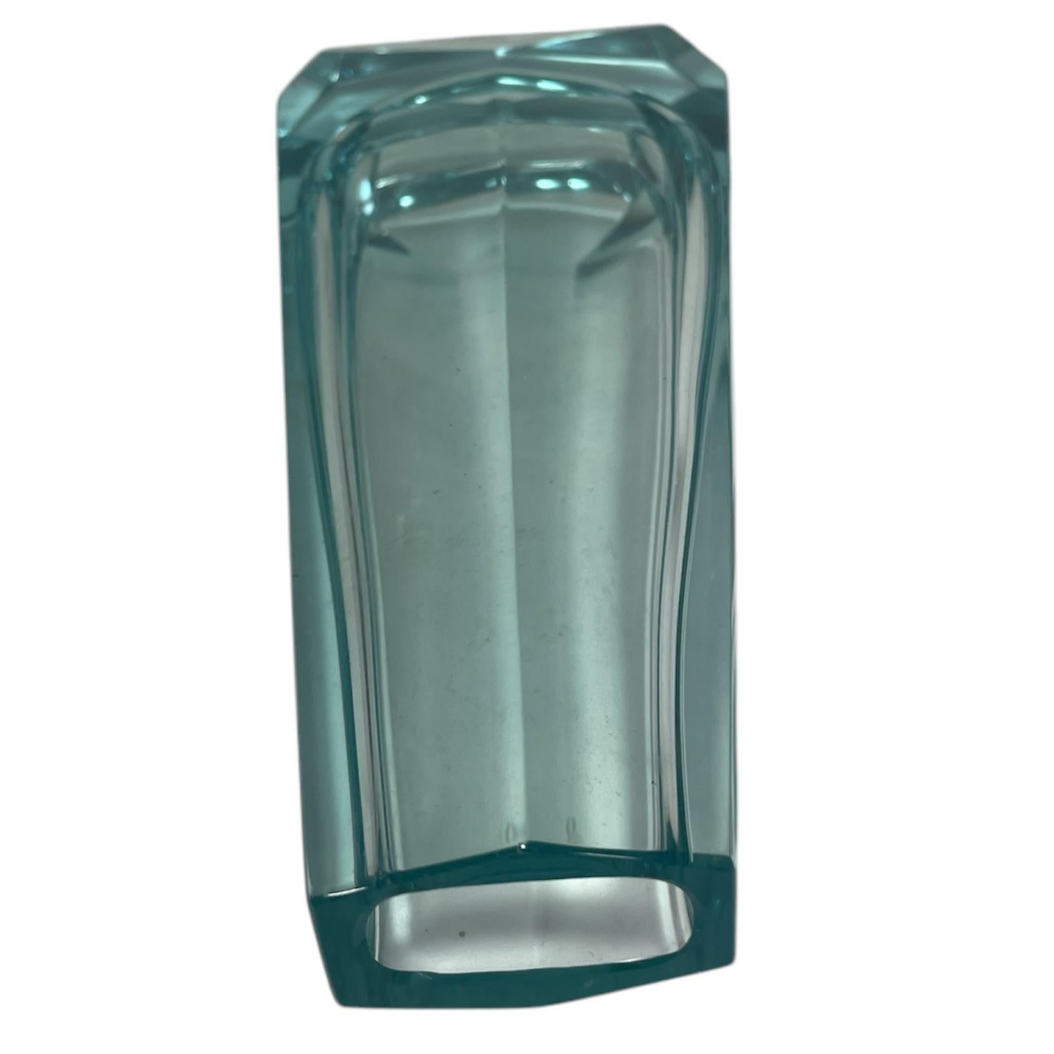 Vetro intagliato Midcentury Turquoise Blown Glass Vase, Hand-carved, Art Deco Style in vendita