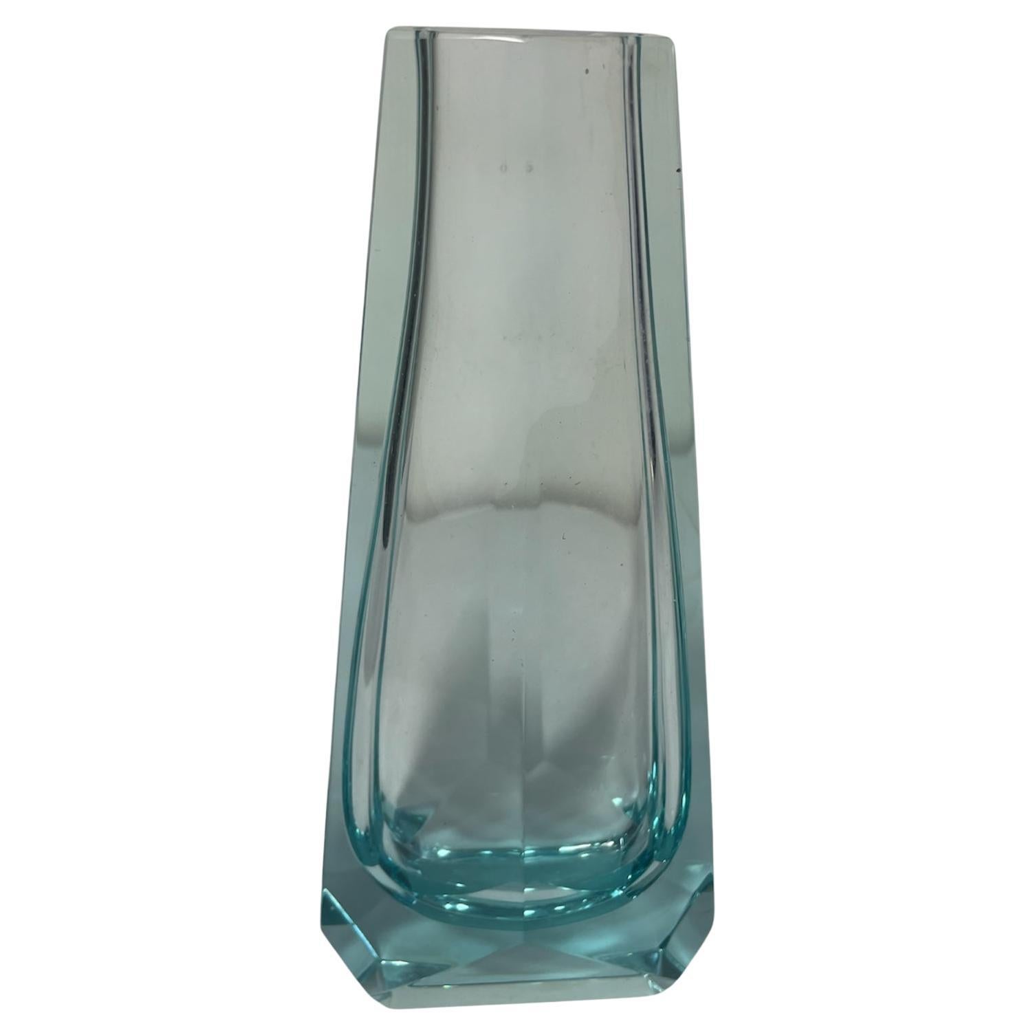 Midcentury Turquoise Blown Glass Vase, Hand-carved, Art Deco Style