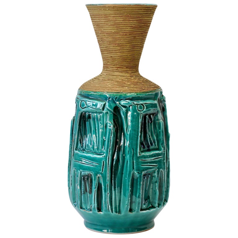 Midcentury Turquoise Italian Ceramic Vase by Fratelli Fanciullacci