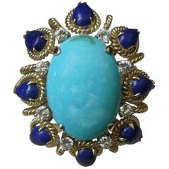 Midcentury Turquoise, Lapis Lazuli and Diamond Ring