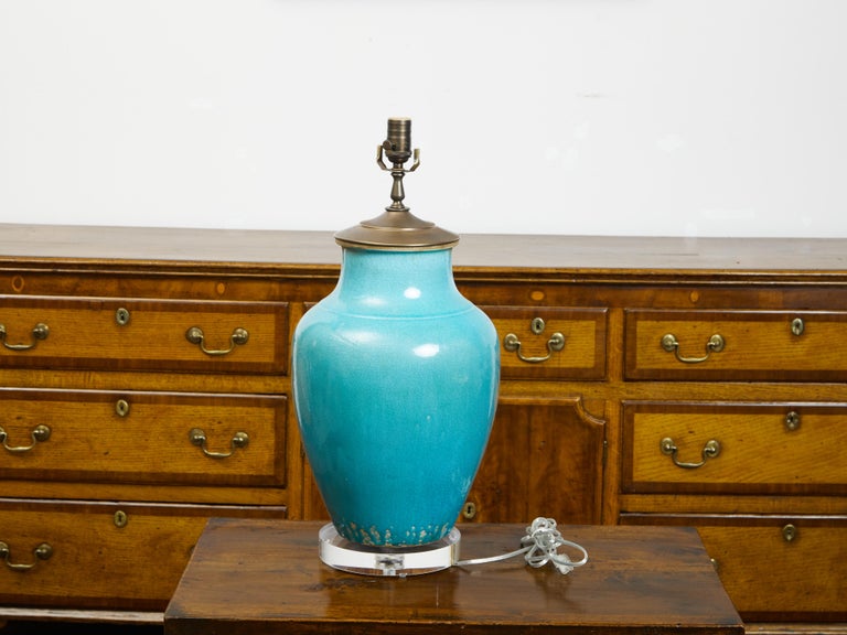 Midcentury Turquoise Table Lamp Mounted on Lucite Base, US Wired For ...