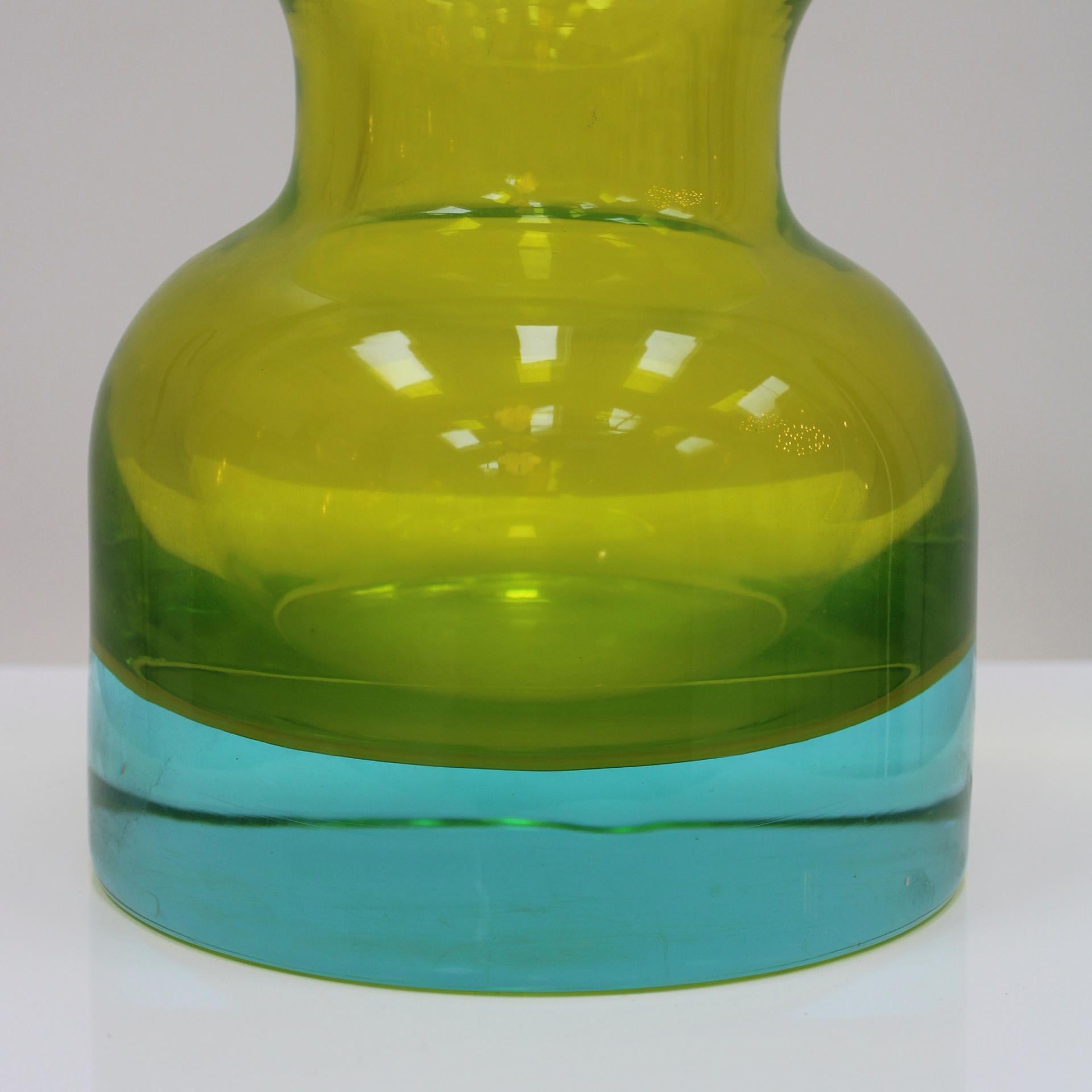 Mid-Century Modern MidCentury Turquoise Yellow Sommerso Murano Glass Vase by Flavio Poli 1950
