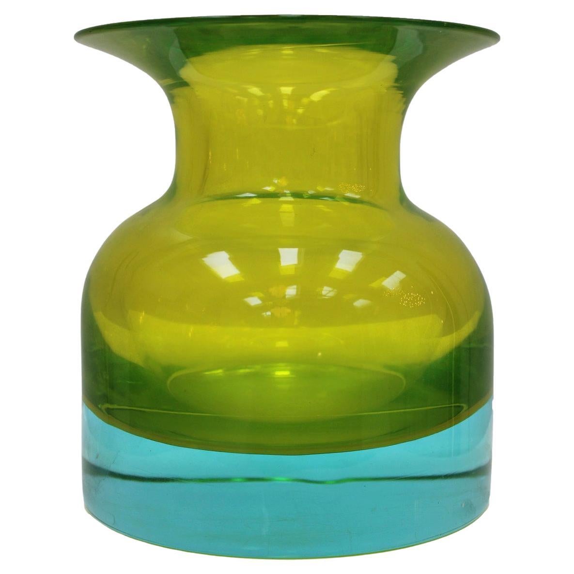 MidCentury Turquoise/Yellow Sommerso Murano Glass Vase by Flavio Poli 1950