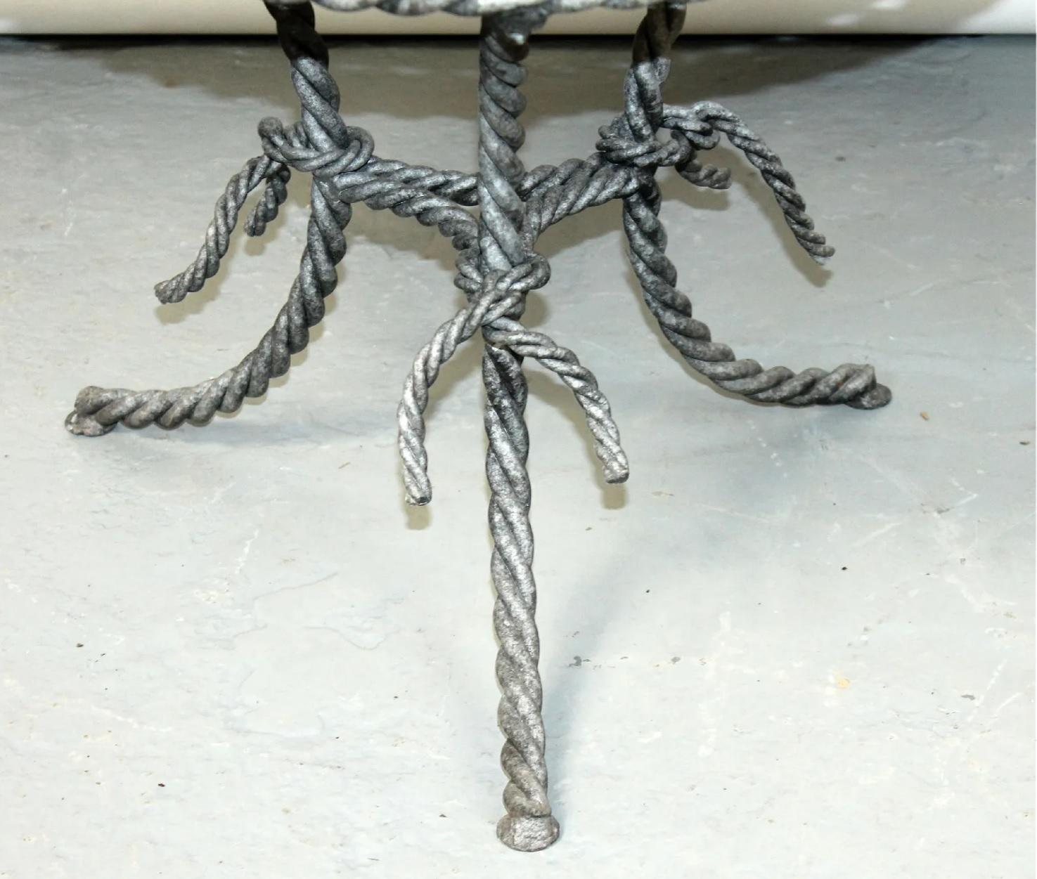 Mid-Century Modern Midcentury Twisted Rope Motif Iron Side Table with Round Travertine Top  For Sale
