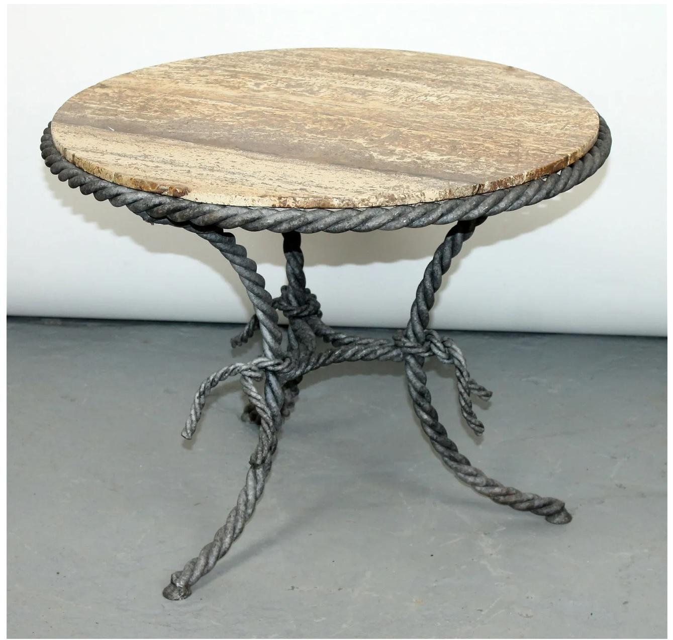 Midcentury Twisted Rope Motif Iron Side Table with Round Travertine Top  In Good Condition For Sale In Chicago, IL