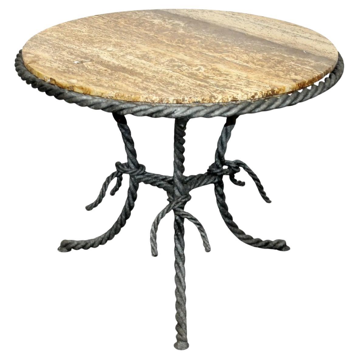 Midcentury Twisted Rope Motif Iron Side Table with Round Travertine Top  For Sale