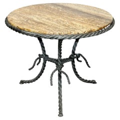 Retro Midcentury Twisted Rope Motif Iron Side Table with Round Travertine Top 