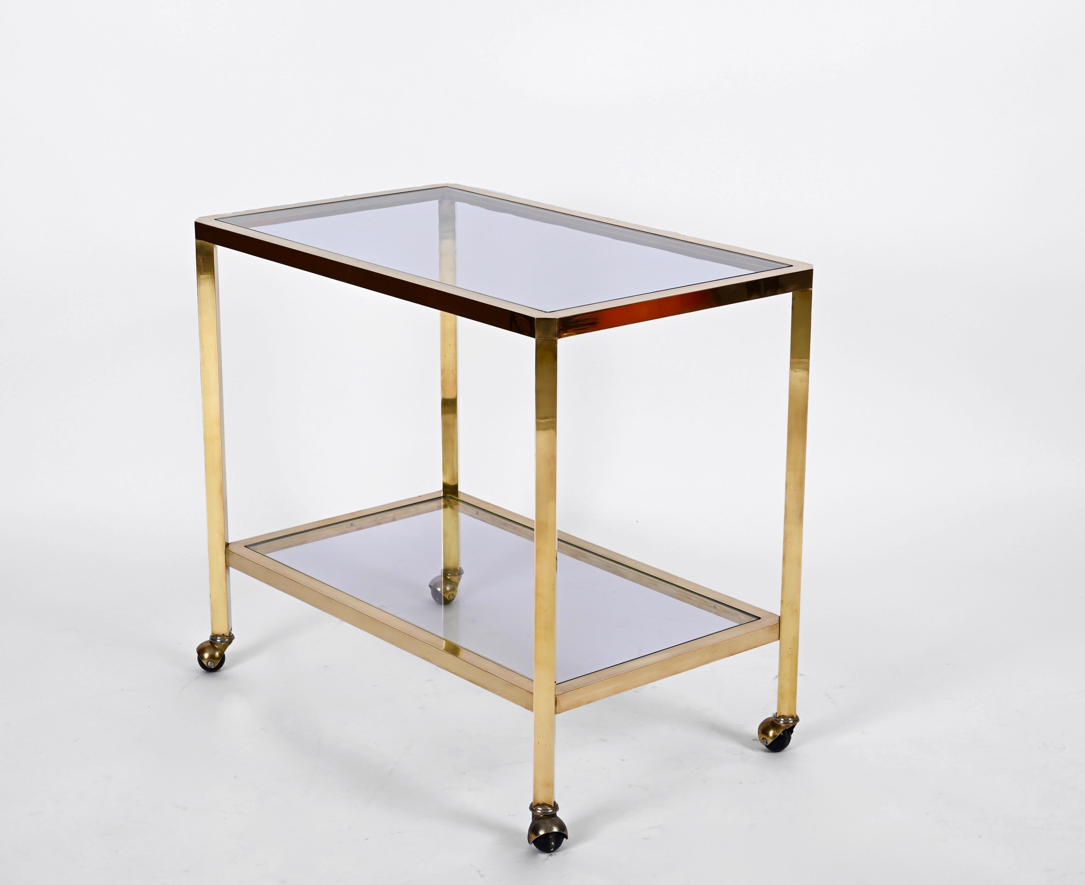 Midcentury Two Levels Glass and Brass Italian Service Bar Cart, 1970s For Sale 6