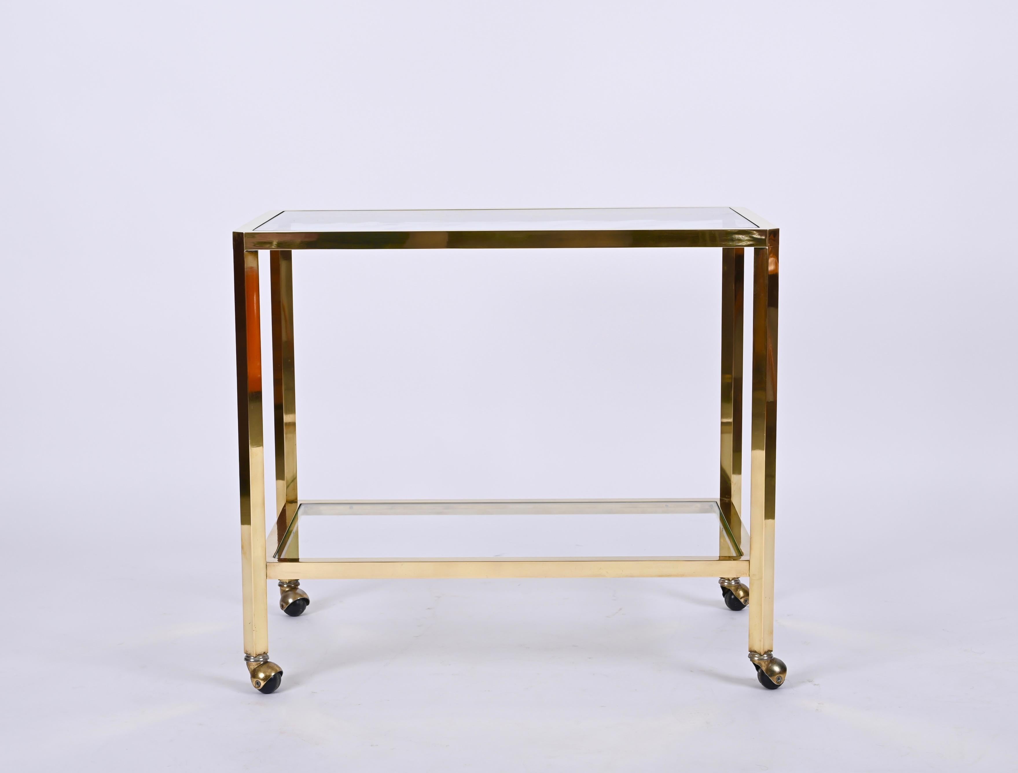 Mid-Century Modern Midcentury Two Levels Glass and Brass Italian Service Bar Cart, 1970s For Sale