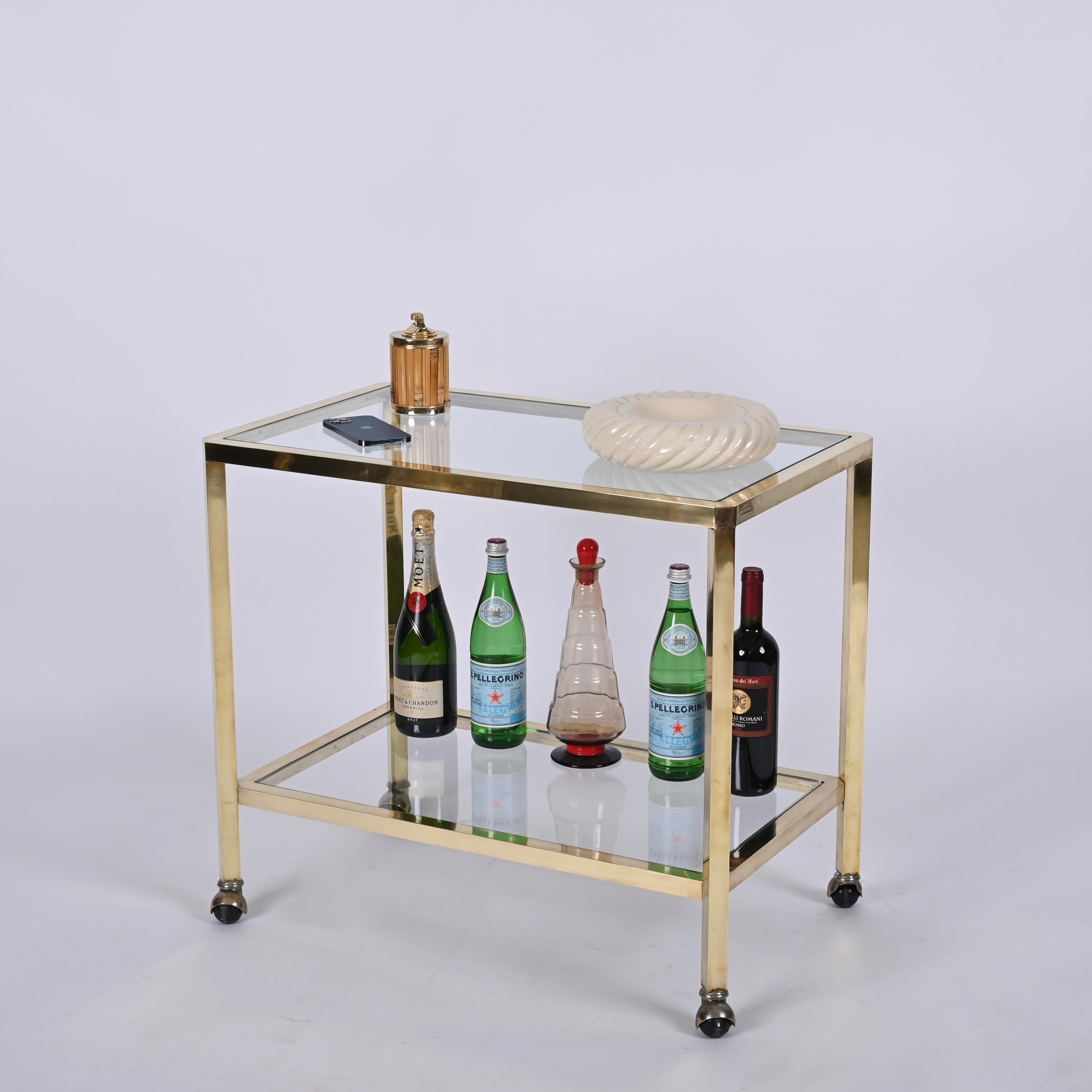 20th Century Midcentury Two Levels Glass and Brass Italian Service Bar Cart, 1970s For Sale