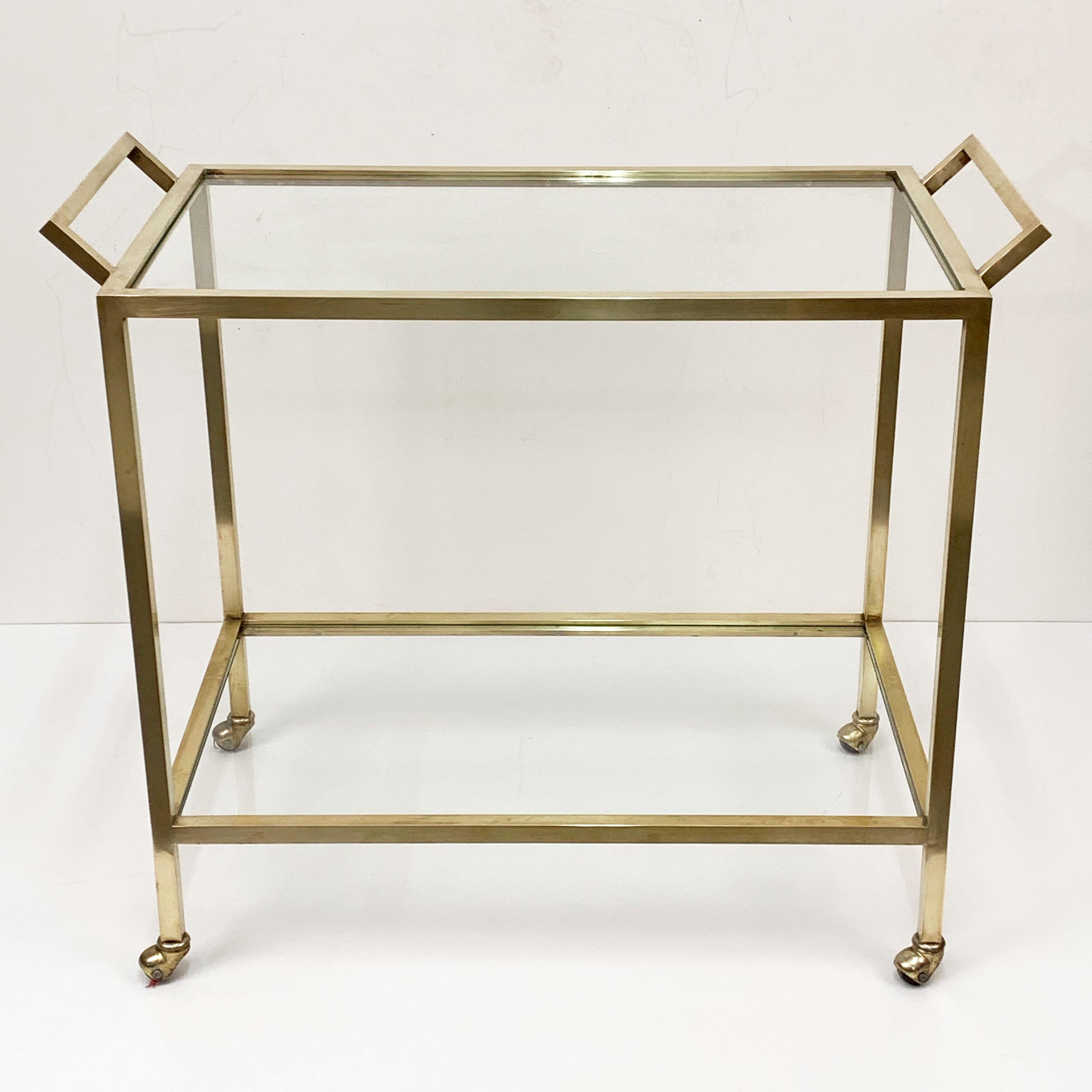 Smoked Glass Midcentury Two Levels Glass and Brass Italian Service Bar Cart, 1970s