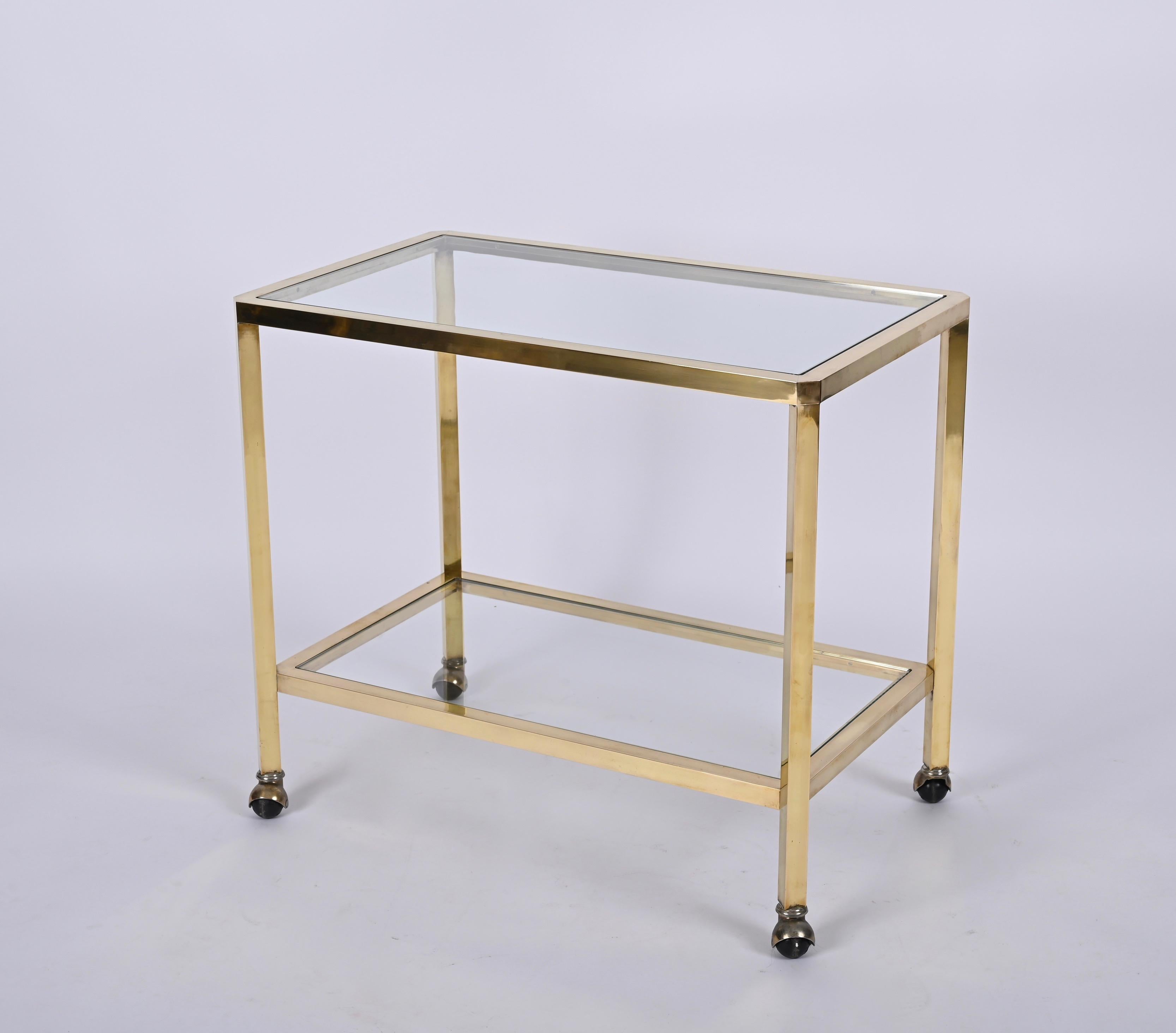 Midcentury Two Levels Glass and Brass Italian Service Bar Cart, 1970s For Sale 1