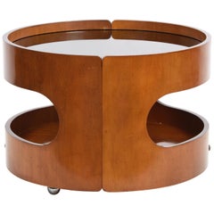 Midcentury Two Levels Italian bent plywood Coffee Table with  Three Wheels 1970s