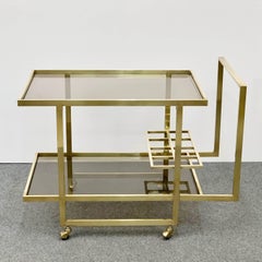 Midcentury Two Levels Smoked Glass and Brass Bar Cart with Bottle Holder, 1970s