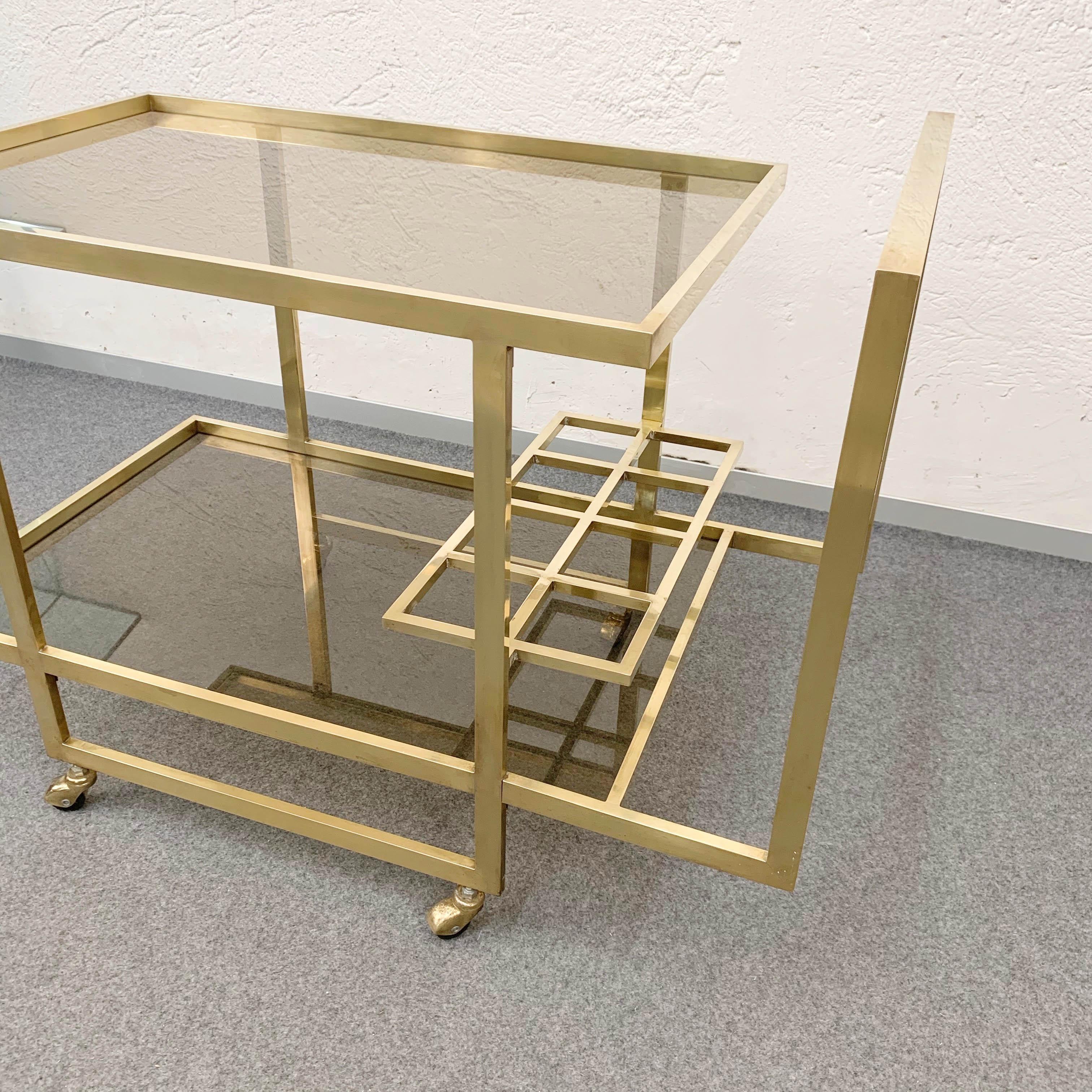Mid-Century Modern Midcentury Two Levels Smoked Glass and Brass Bar Cart with Bottle Holder, 1970s For Sale